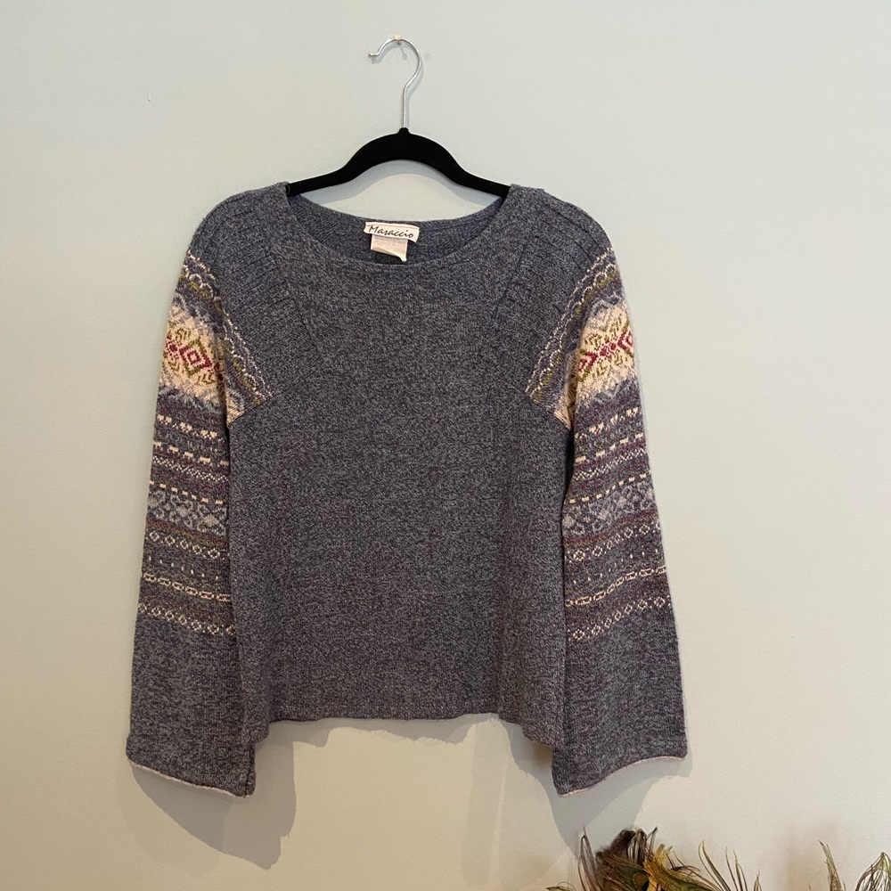 Vintage Knit Sweater with Fair Isle Bell Sleeves M